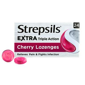 Strepsils Extra Triple Action Cherry Sore Throat Cough Lozenges x24