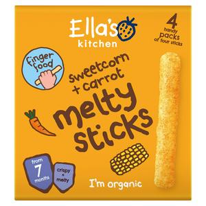 Ella's Kitchen Organic Sweetcorn & Carrot Melty Sticks Multipack Baby Snack 7+ Months 4x6g